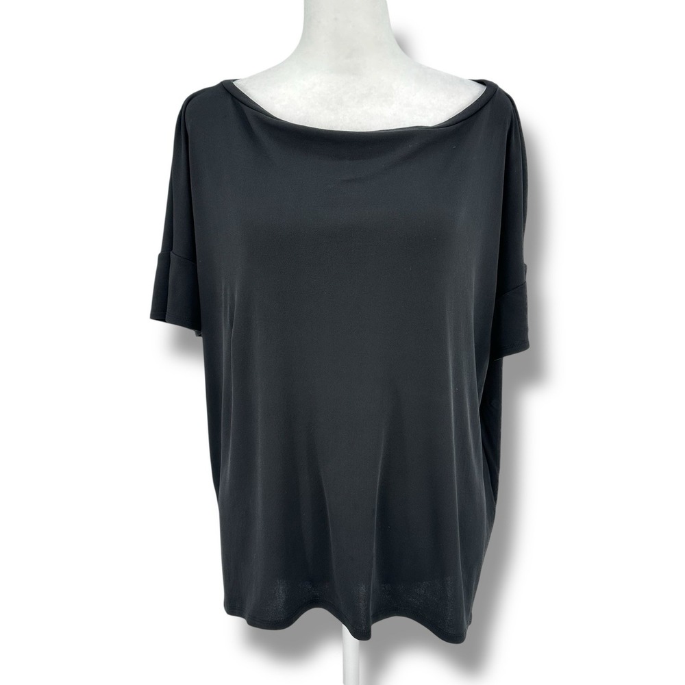 Eileen Fisher Silk Boat Neck Top S Black Boxy Soft Stretch Minimalist Lagenlook